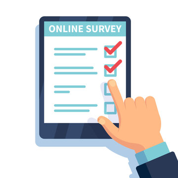 Online Survey. Internet Surveying, Hands Holding Tablet With Test Form. Mobile Questionnaire, Customers Voting Vector