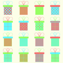 Set of present or gift boxes. Vector icons. Bright colors. Celebration concept. Seamless pattern