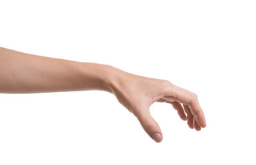 Woman holding something in hand on white background, closeup