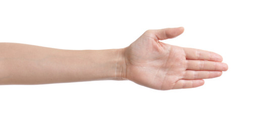 Woman reaching hand for shake on white background, closeup