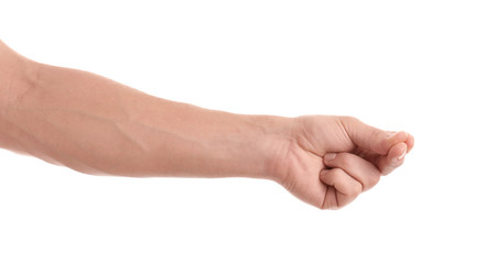 Man asking for money on white background, closeup. Hand gesture