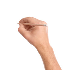 Man drawing something with pencil on white background, closeup of hand