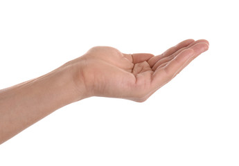 Man holding something in hand on white background, closeup