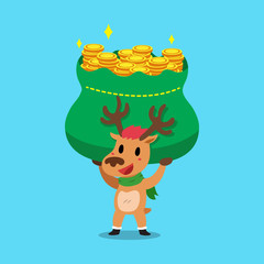 Vector cartoon christmas reindeer carrying big money bag for design.