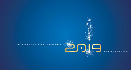 Merry Christmas and Happy New Year 2019 gold sparkle cyberspace abstract blue background