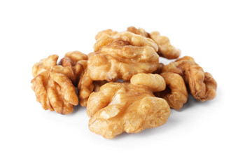 Heap of tasty walnuts on white background