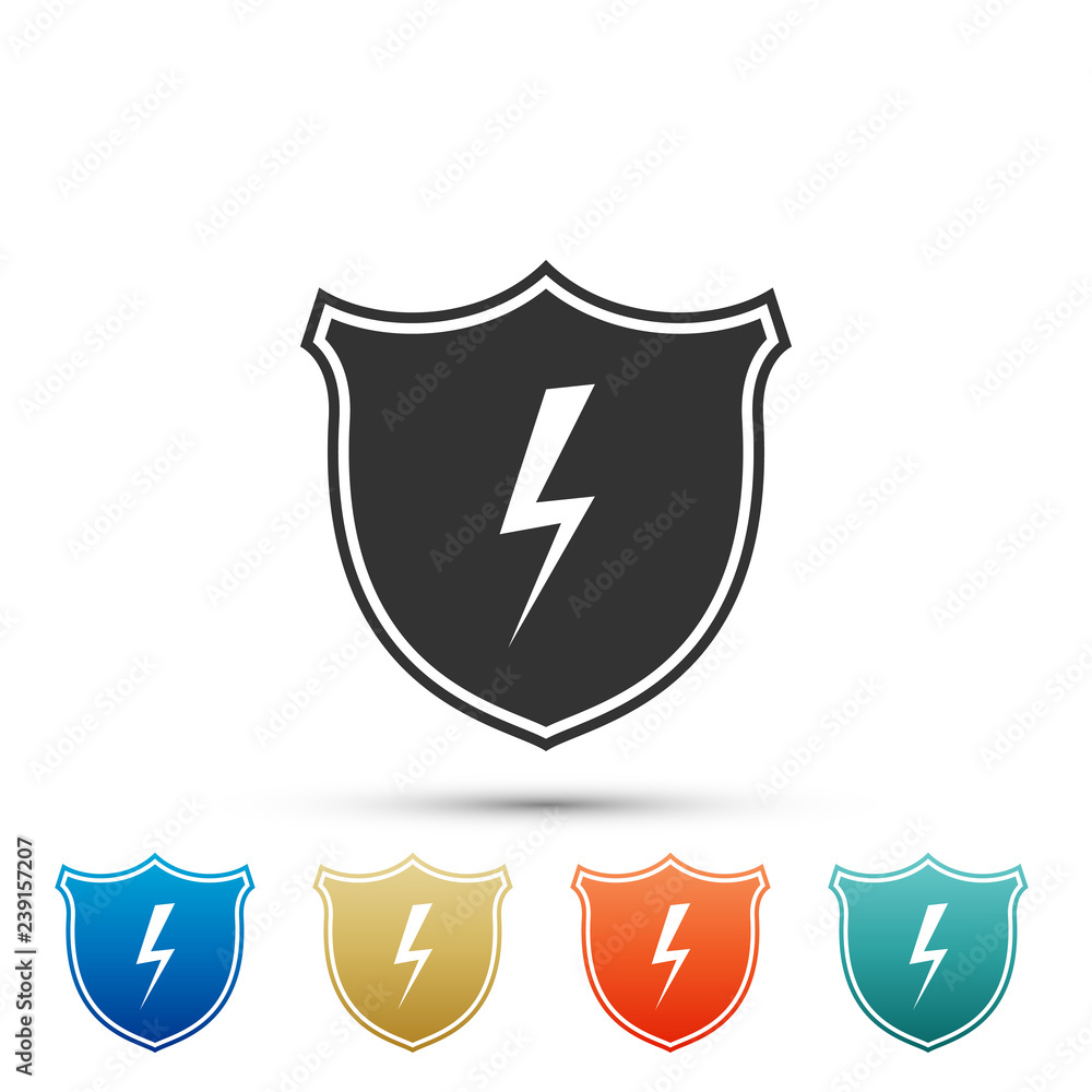 Poster secure shield with lightning icon isolated on white background. set elements in colored icons. flat 