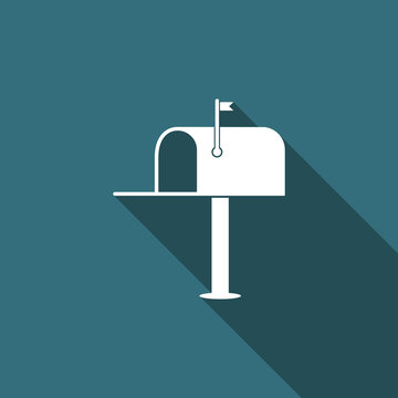 Open mail box icon isolated with long shadow. Mailbox icon. Mail postbox on pole with flag. Flat design. Vector Illustration