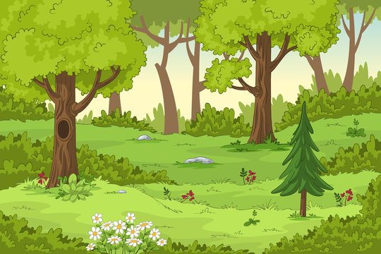 Cartoon summer landscape with trees and flowers, hand draw illustration