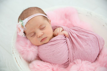 Adorable newborn girl lying in baby nest, closeup