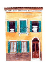 Hand paint watercolor cute illustration of a house from Burano  isolated on white background.