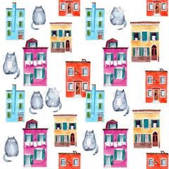 Seamless pattern with bright hand painted watercolor cute cats and houses.
