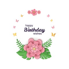 Paper cut design with round flower composition. Circle frame with paper fantasy floral and butterfly decorations. Template greeting flyer, save the date, birthday, thank you card. Vector illustration.