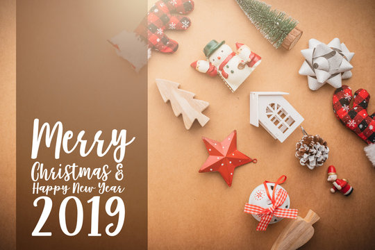 festive celebration background ideas concept with christmas eve holiday decorating items on dark vintage wooden floor with free copy space