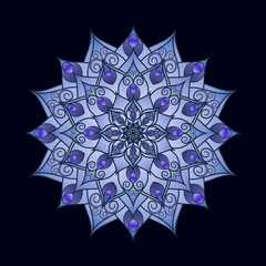 Round mandala pattern on a dark background. Abstract floral pattern with oriental motifs for your design. Vector illustration.