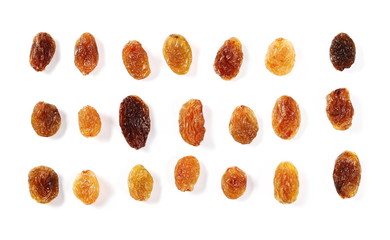  collection of various raisins isolated on white background, top view