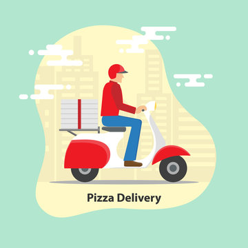 Pizza delivery concept. Delivery scooter motorcycle with pizza boxes on city background.