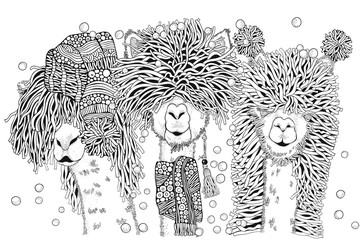 Llamas party. Happy new year. Coloring Book page for Adult and children in doodle style. A4 size. Black and white. Hand-drawn christmas alpacas.