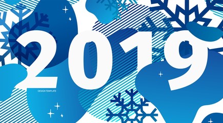 Horizontal abstract geometric design for happy new year 2019. Holiday offer banner with vector liquid form and decor snowflakes on background. Blue template graphic elements with fluid dynamic shape