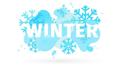 Abstract geometric design for winter. Christmas offer banner with vector liquid form and decor of snowflakes and sparkles. Blue creative template mid season sale graphic with fluid dynamic shape.