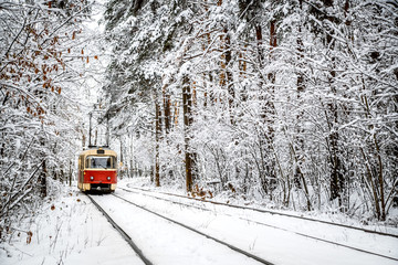 Red tram among the snowy forest.