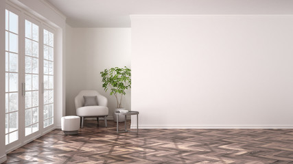 Empty white interior with big panoramic window, armchair, pouf, table and potted plant. Herringbone parquet floor, classic contemporary design, concept idea with copy space background