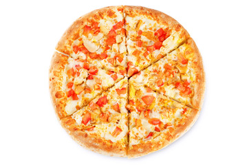 Pizza with cheese, chicken and fresh tomato slices