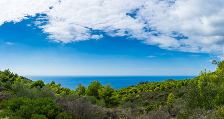 Fototapeta na wymiar Greece, Zakynthos, XXL panorama of green nature paradise landscape and endless blue ocean
