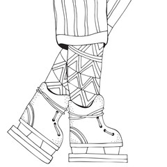 Winter boy on skates. Winter snowflakes. Adult Coloring book page. Hand-drawn vector. pattern for coloring book with legs. Zentangle. Black and white.