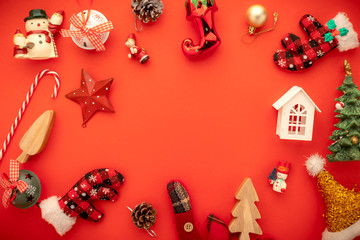 festive celebration background ideas concept with christmas eve holiday decorating items red color floor with free copy space