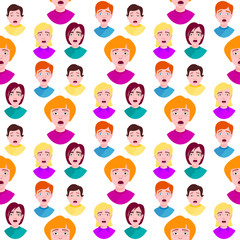People horror faces vector extremely surprised young shock portrait frightened character emotions afraid expression person with open mouth illustration seamless pattern background.