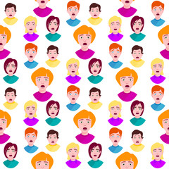 People horror faces vector extremely surprised young shock portrait frightened character emotions afraid expression person with open mouth illustration seamless pattern background.