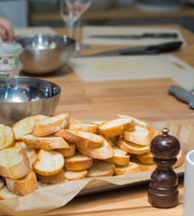 Toasted baguette on kitchen table