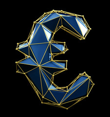 Euro sign made in low poly style blue color isolated on black background.