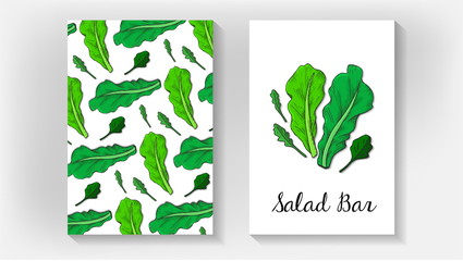 Vector Illustration of Salad Bar Template with Salad Leaves Sketch Style