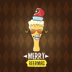 Merry beermas vector christmas greeting card with beer glass cartoon character and red santa hat isolated on brown background. Vector funky christmas beer party poster design template