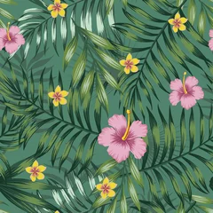 Gordijnen Green tropical seamless pattern leaves and flowers hibiscus plumeria background © berry2046