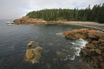 Obraz premium The rugged coast of Acadia National Park, Maine, bathed in early morning light in summer.