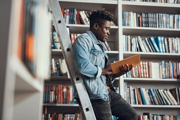 Calm Afro-American student sitting on the step ladder and reading