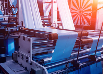 Modern automated production line in factory. Plastic bag manufacturing process