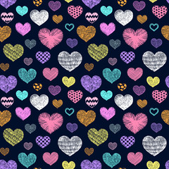 Hearts doodles pattern. Valentines day background. Romantic texture. Hand drawn effect vector. Wedding and marriage doodles. Love theme sketches. Hearts scribbles.