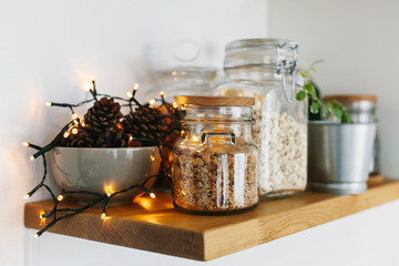 Open shelves in the kitchen.