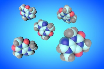 Molecular models of caffeine. Medical background. Scientific background. 3d illustration