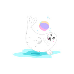 Seal playing ball water splash concept cartoon carnival isolated on white background vector illustration