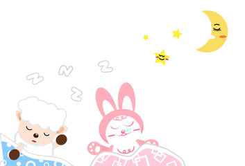 Obraz na płótnie Canvas Sheep and rabbit cartoon sleeping among moon and stars, good night sweet dream concept abstract background vector illustration