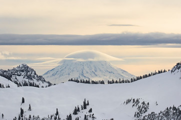 mt adams peaks above the tatoosh range seen from the mt rainier national park in washington state