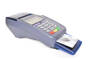 Pos payment terminal with a plastic Bank card inserted into the card reader on white background. Isolated. Left side view