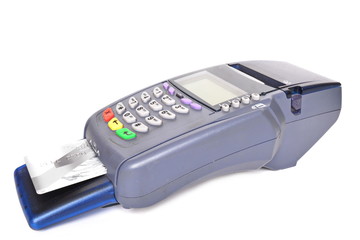 Pos payment terminal with a plastic Bank card inserted into the card reader on white background. Isolated. Right side view