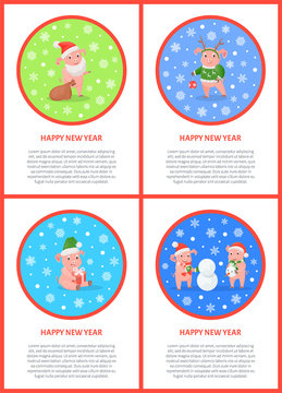 Pig Happy New Year Colored Text Postcard Vector