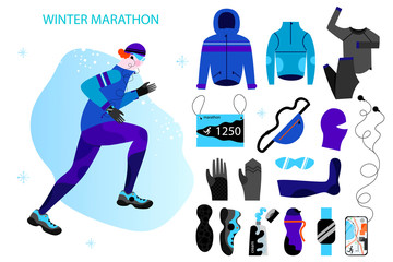 Winter running big set. Young athletic man doing jogging. Vector illustration in flat design style